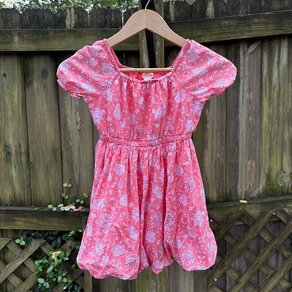 Crewcuts Girls Floral Print Dress Bubble Hem Short Sleeve Coral Pink Cotton Sz 6 - Picture 2 of 8